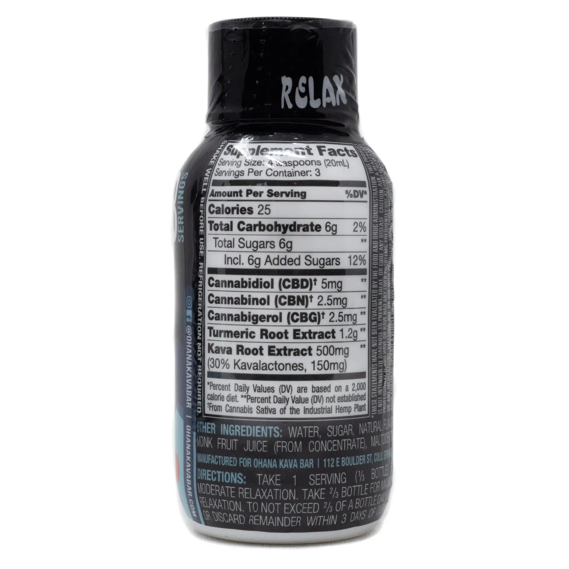 Back Of Tropical Turmeric Kava Extract Shot Bottle